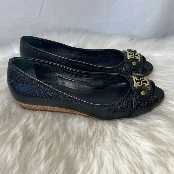 Tory Burch Black Pebbled Leather Peep Toe Low Wedge Shoes Sz 7