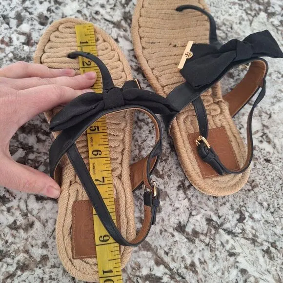 Tory Burch Penny Flat Bow Espadrille Thong Sandals, Black size 8.5M