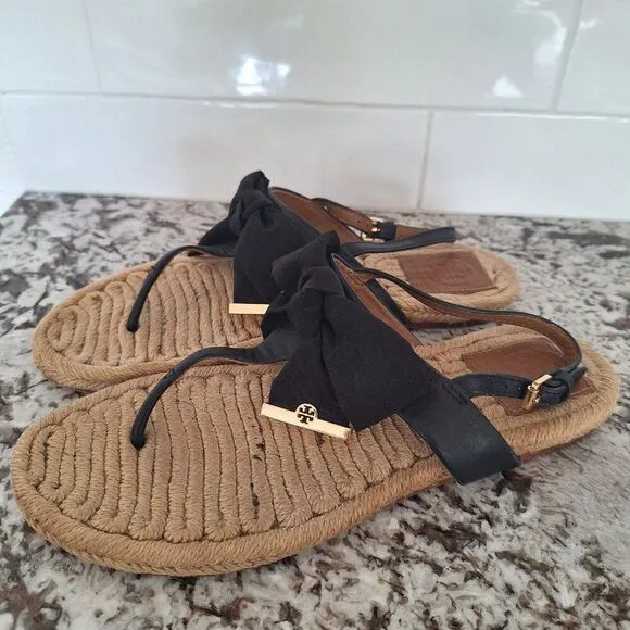 Tory Burch Penny Flat Bow Espadrille Thong Sandals, Black size 8.5M