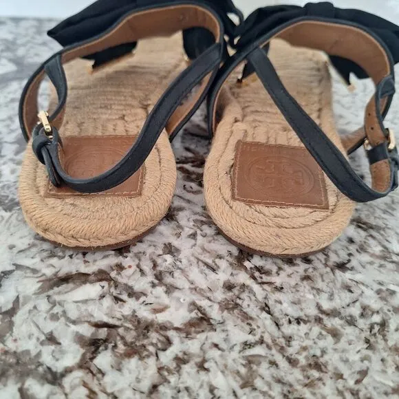Tory Burch Penny Flat Bow Espadrille Thong Sandals, Black size 8.5M