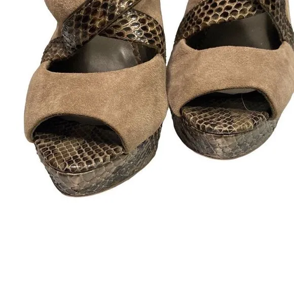 Tory Burch Brown Suede &amp; Leather Peep Toe High Heel Sandals Zipper back Size 6