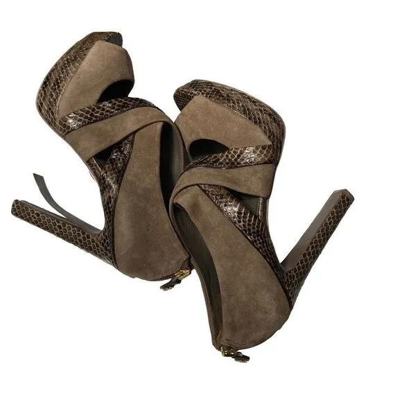 Tory Burch Brown Suede &amp; Leather Peep Toe High Heel Sandals Zipper back Size 6