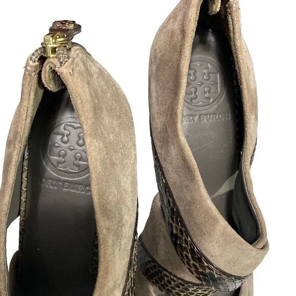 Tory Burch Brown Suede &amp; Leather Peep Toe High Heel Sandals Zipper back Size 6