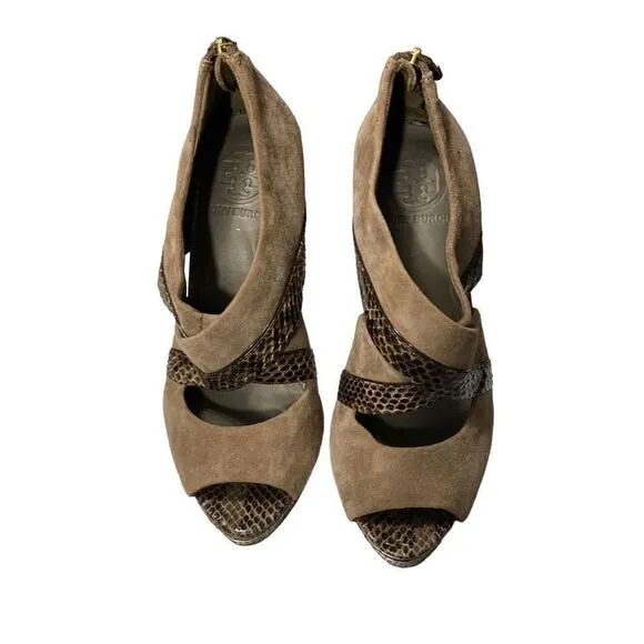 Tory Burch Brown Suede &amp; Leather Peep Toe High Heel Sandals Zipper back Size 6