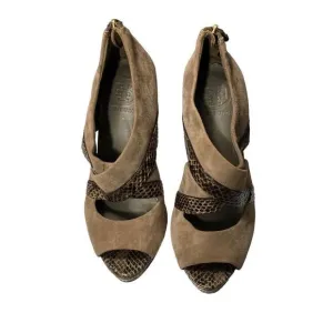Tory Burch Brown Suede &amp; Leather Peep Toe High Heel Sandals Zipper back Size 6
