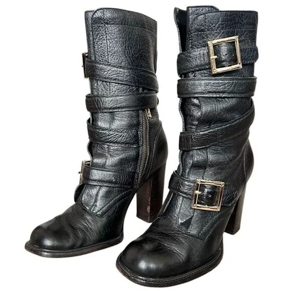 Tory Burch Jaden Boots Black Leather Moto Buckled Block Heel Size 8.5 Preloved