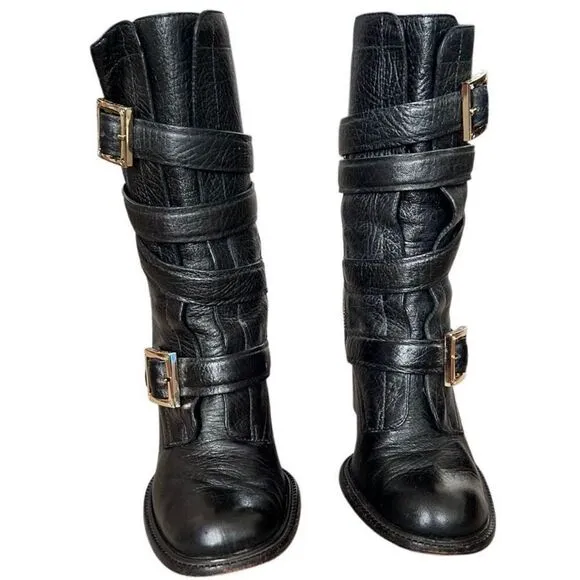 Tory Burch Jaden Boots Black Leather Moto Buckled Block Heel Size 8.5 Preloved