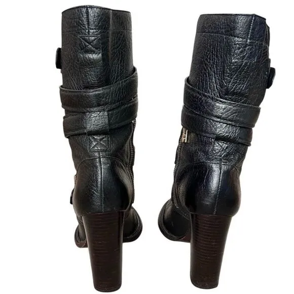 Tory Burch Jaden Boots Black Leather Moto Buckled Block Heel Size 8.5 Preloved