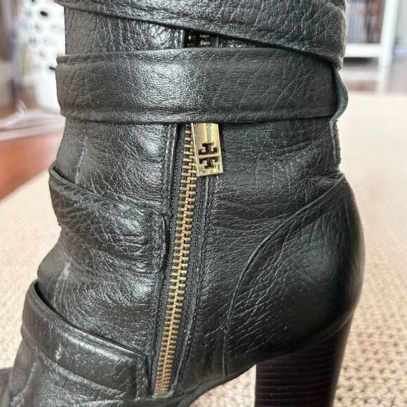 Tory Burch Jaden Boots Black Leather Moto Buckled Block Heel Size 8.5 Preloved