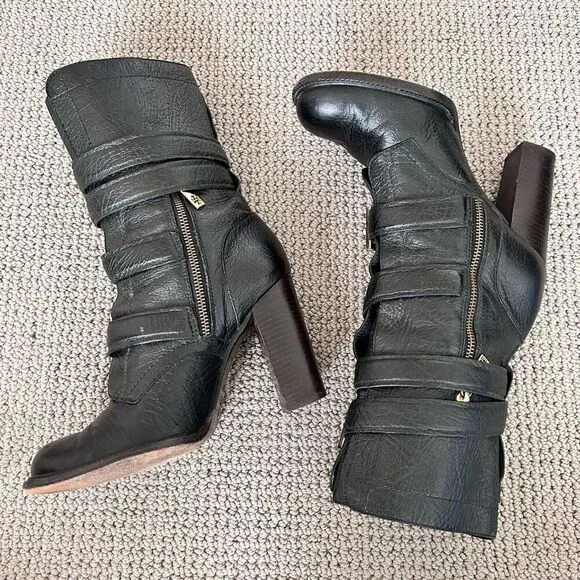 Tory Burch Jaden Boots Black Leather Moto Buckled Block Heel Size 8.5 Preloved