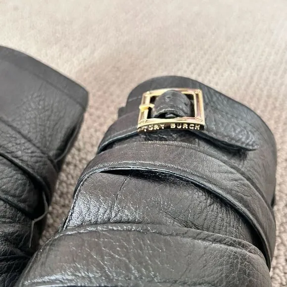 Tory Burch Jaden Boots Black Leather Moto Buckled Block Heel Size 8.5 Preloved