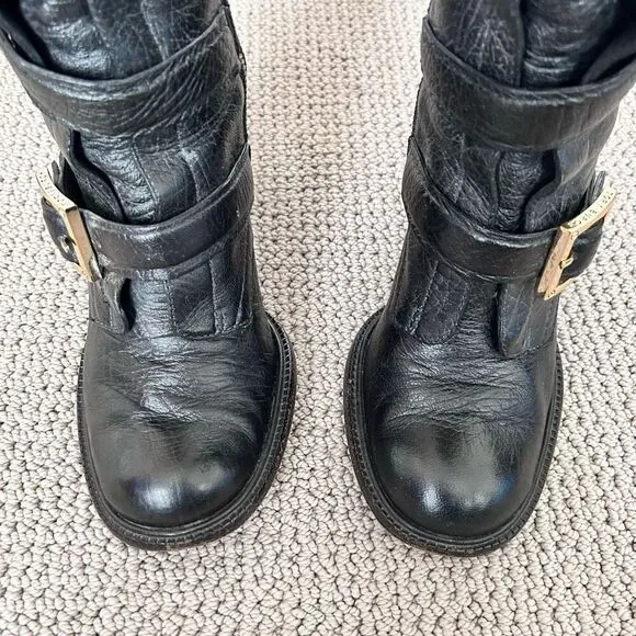 Tory Burch Jaden Boots Black Leather Moto Buckled Block Heel Size 8.5 Preloved