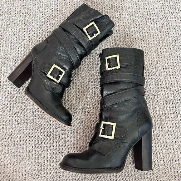 Tory Burch Jaden Boots Black Leather Moto Buckled Block Heel Size 8.5 Preloved