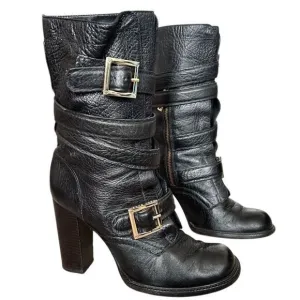 Tory Burch Jaden Boots Black Leather Moto Buckled Block Heel Size 8.5 Preloved