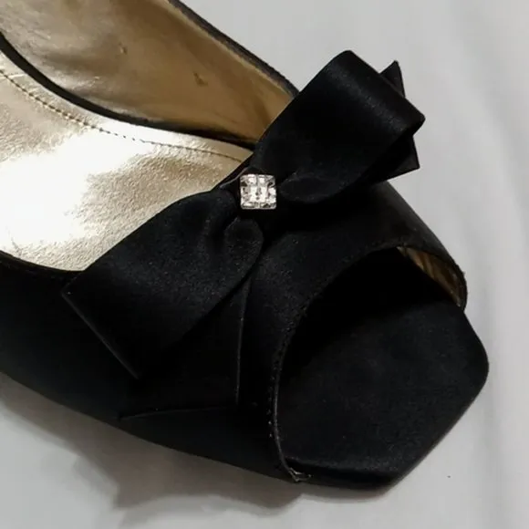 Town Shoes Black Satin Peep-Toe Low Heels