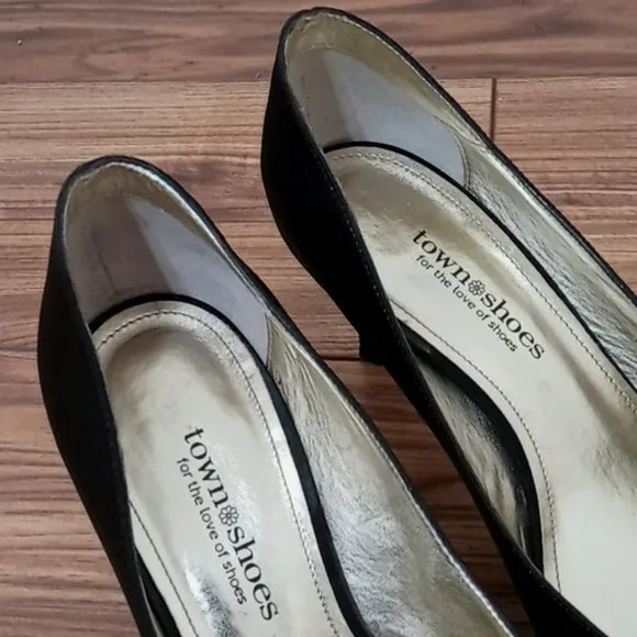 Town Shoes Black Satin Peep-Toe Low Heels