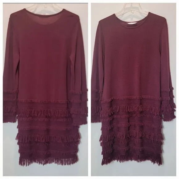 Trina Turk Sass 2 Fringe Sweater Dress Maroon Size Large