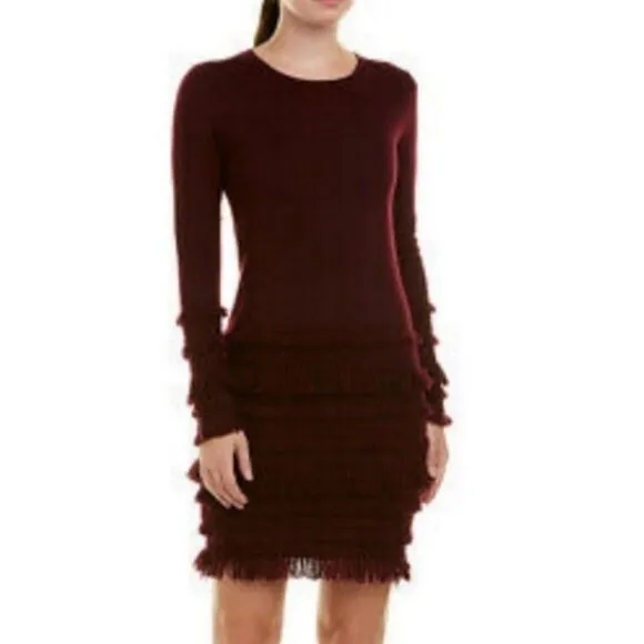 Trina Turk Sass 2 Fringe Sweater Dress Maroon Size Large