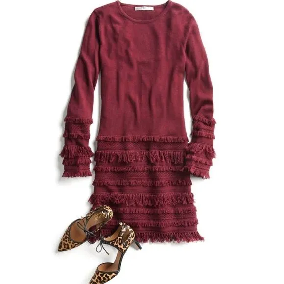 Trina Turk Sass 2 Fringe Sweater Dress Maroon Size Large