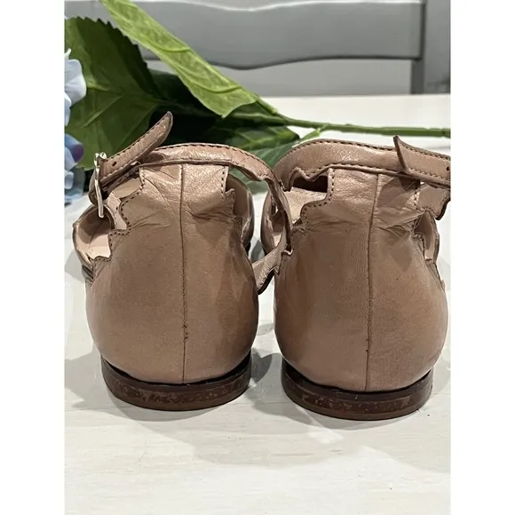 Triver Flight Scalloped Ankle Strap Flats Leather Ballet Shoes Size 37