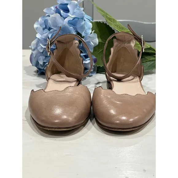 Triver Flight Scalloped Ankle Strap Flats Leather Ballet Shoes Size 37