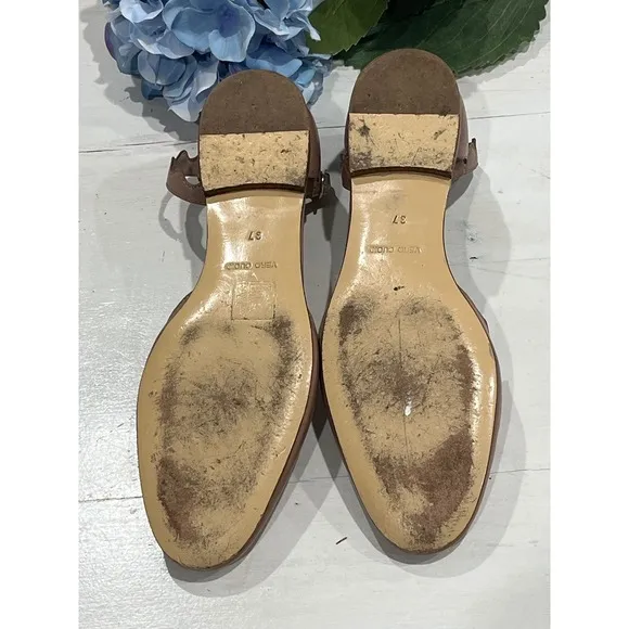 Triver Flight Scalloped Ankle Strap Flats Leather Ballet Shoes Size 37