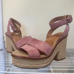 UGG &quot;Carine&quot; Pink Suede Platform Jute Espadrille Ankle Strap Heeled Sandals 9