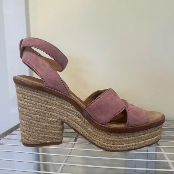UGG &quot;Carine&quot; Pink Suede Platform Jute Espadrille Ankle Strap Heeled Sandals 9