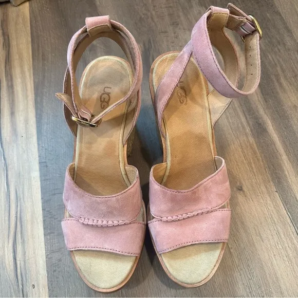 UGG &quot;Carine&quot; Pink Suede Platform Jute Espadrille Ankle Strap Heeled Sandals 9