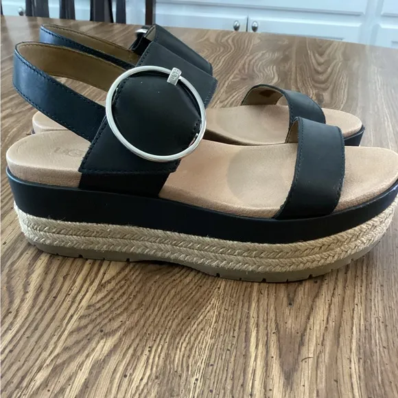 UGG April Leather Platform Black Sandals Size 7 1/2