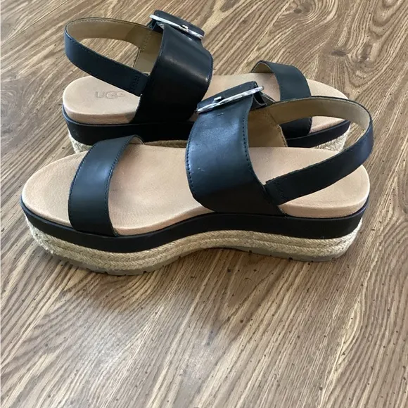 UGG April Leather Platform Black Sandals Size 7 1/2
