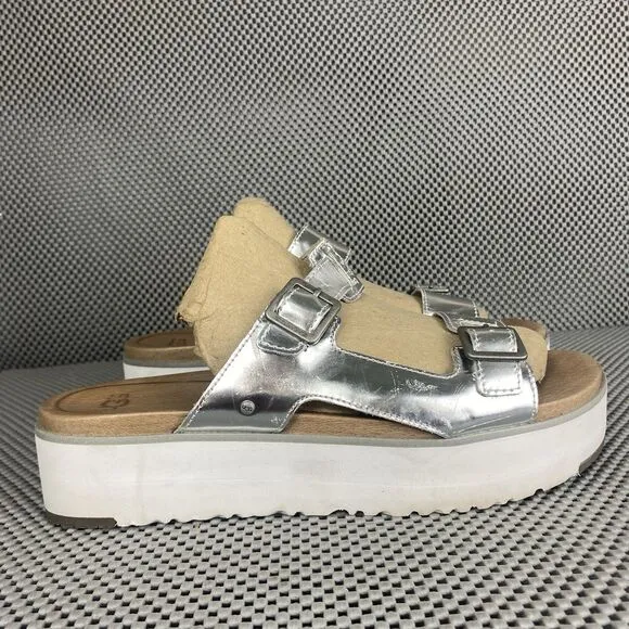 UGG Ardyne Platform Sandals Womens Size 9.5 Silver Leather Buckle Slide On