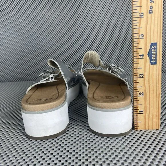 UGG Ardyne Platform Sandals Womens Size 9.5 Silver Leather Buckle Slide On