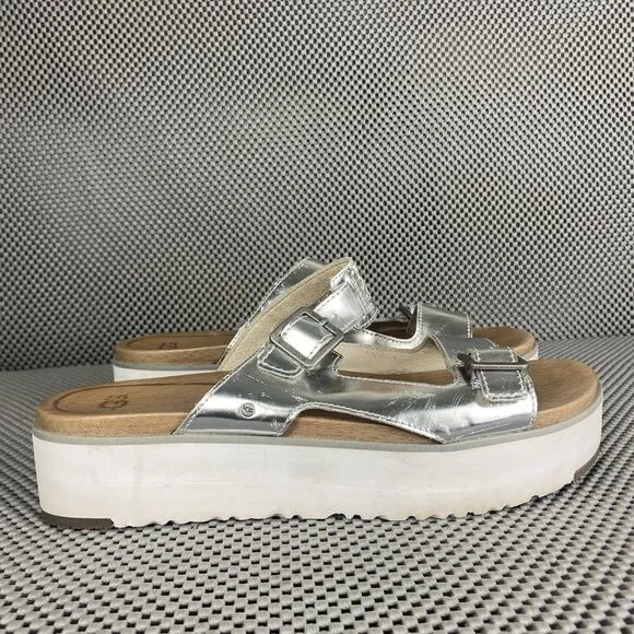 UGG Ardyne Platform Sandals Womens Size 9.5 Silver Leather Buckle Slide On