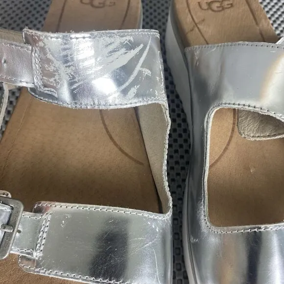 UGG Ardyne Platform Sandals Womens Size 9.5 Silver Leather Buckle Slide On