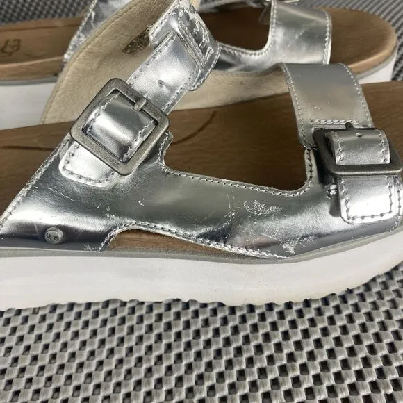 UGG Ardyne Platform Sandals Womens Size 9.5 Silver Leather Buckle Slide On