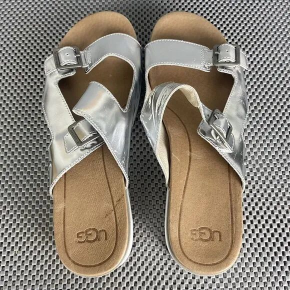 UGG Ardyne Platform Sandals Womens Size 9.5 Silver Leather Buckle Slide On
