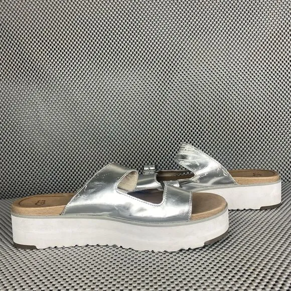 UGG Ardyne Platform Sandals Womens Size 9.5 Silver Leather Buckle Slide On