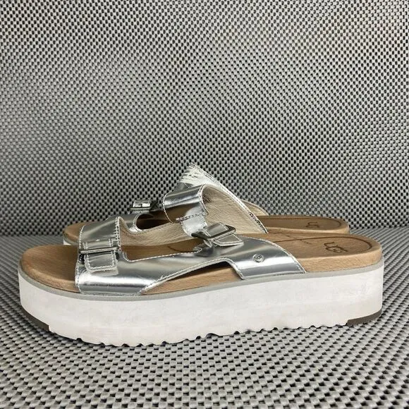 UGG Ardyne Platform Sandals Womens Size 9.5 Silver Leather Buckle Slide On