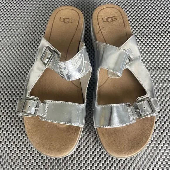 UGG Ardyne Platform Sandals Womens Size 9.5 Silver Leather Buckle Slide On