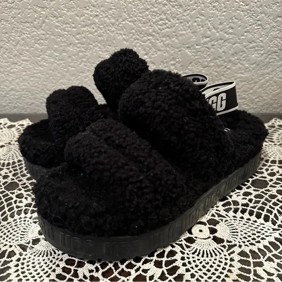 UGG Black ‘Oh Fluffita’ Platform Slide Sandals