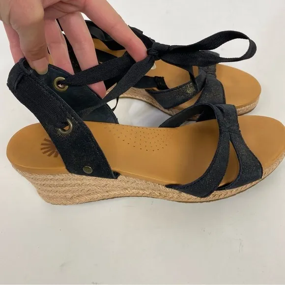 Ugg black open toe lace up espadrille wedge sandals summer