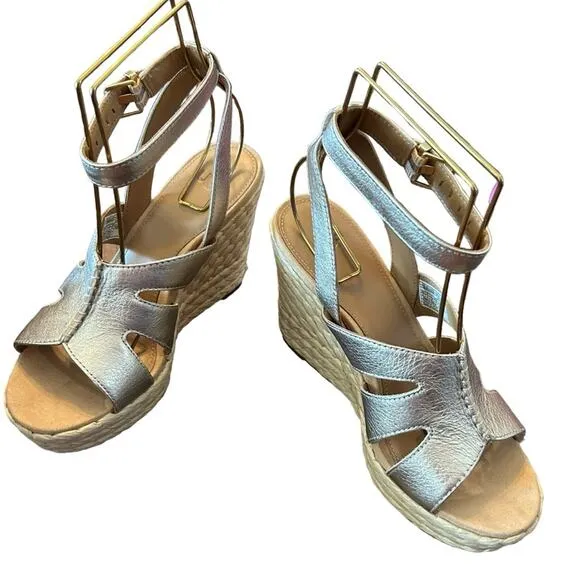 Ugg Careena Gold Metallic Leather Wedge Espadrilles Sandals Ankle Strap NEW 6.5