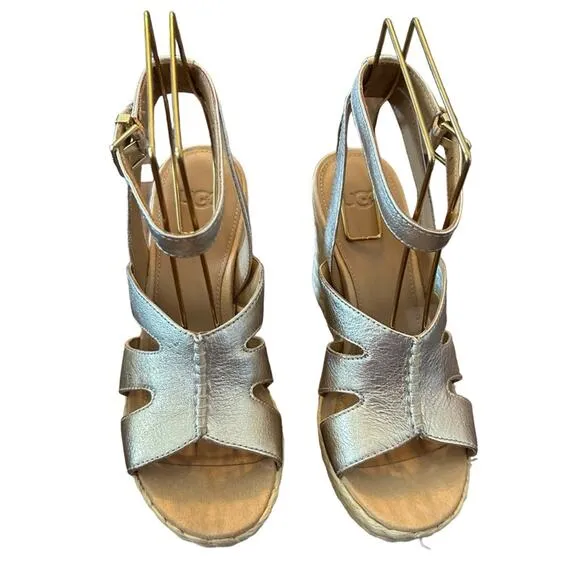 Ugg Careena Gold Metallic Leather Wedge Espadrilles Sandals Ankle Strap NEW 6.5
