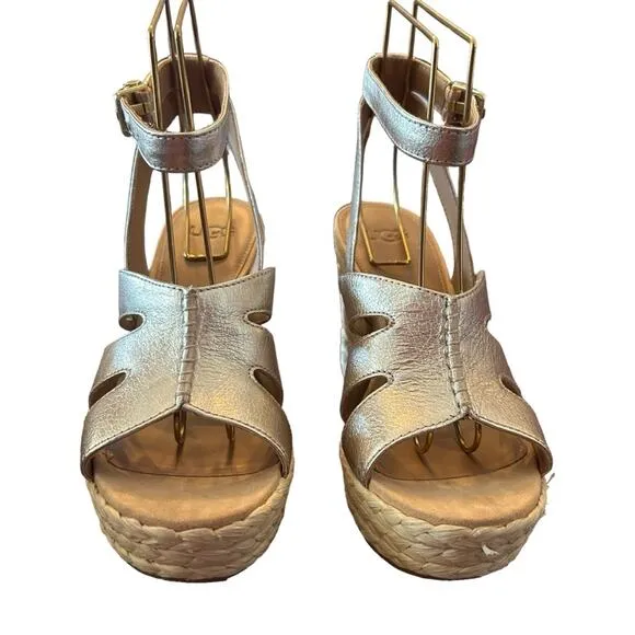 Ugg Careena Gold Metallic Leather Wedge Espadrilles Sandals Ankle Strap NEW 6.5