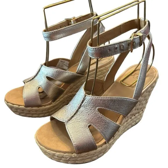 Ugg Careena Gold Metallic Leather Wedge Espadrilles Sandals Ankle Strap NEW 6.5