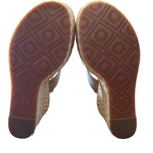 Ugg Careena Gold Metallic Leather Wedge Espadrilles Sandals Ankle Strap NEW 6.5