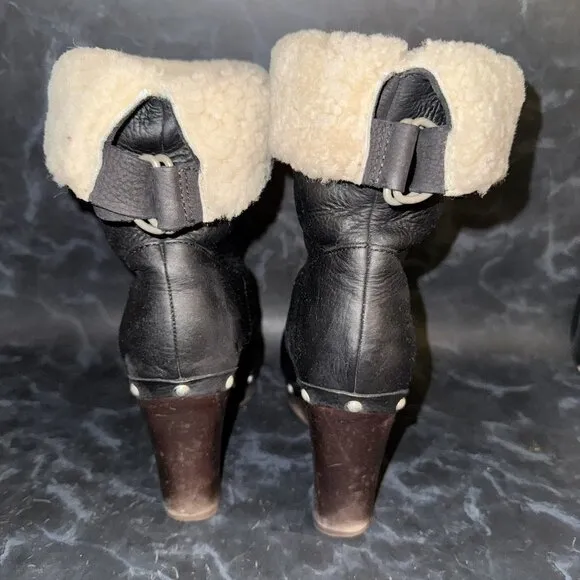 UGG Carnegie Black Nubuck Leather Wooden Wedge Heel Boots Womens Size 6