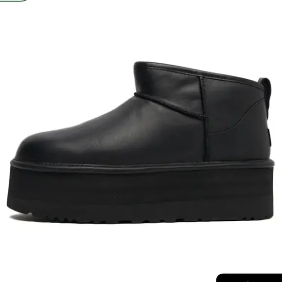 UGG Classic Ultra Mini Platform Leather Boots, Black, Size 10