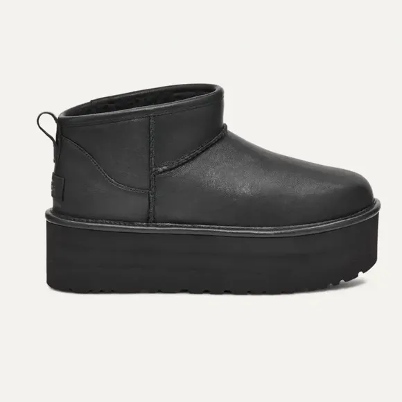 UGG Classic Ultra Mini Platform Leather Boots, Black, Size 10